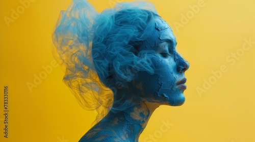 A woman with blue paint on her face and body, AI