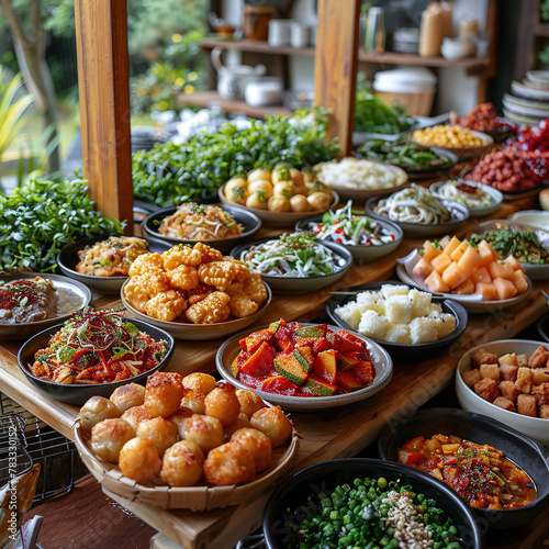 A vibrant buffet spread of various Korean dishes  featuring a colorful array of textures and flavors in a rustic  natural setting.