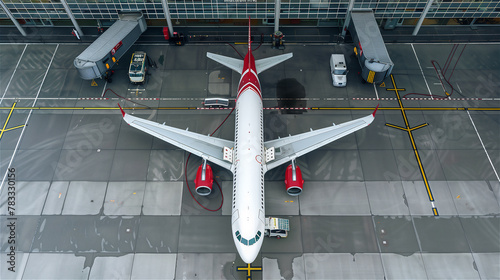 Top view of a passenger plane parked at the departures hall of an international airport. The plane is prepared for departure and refueled by the airport's technical service.