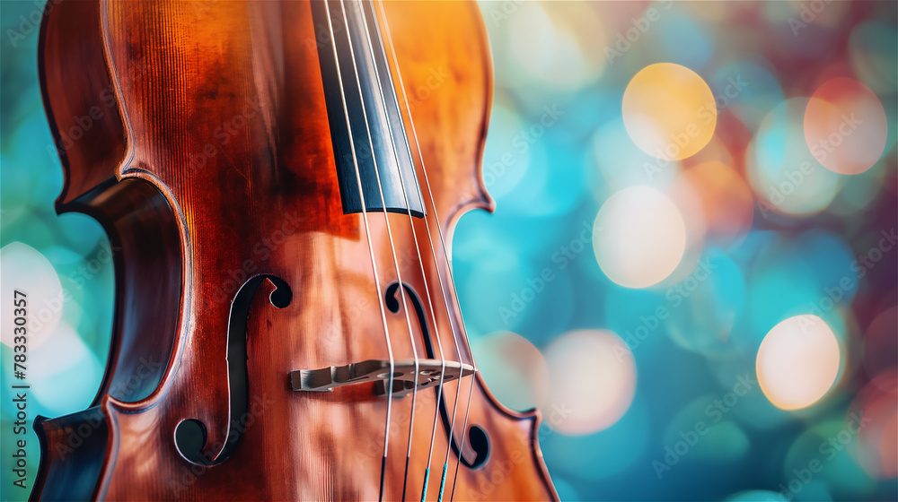 Close up of the strings of a wooden classical cello with beautiful blurs and boke in the background.