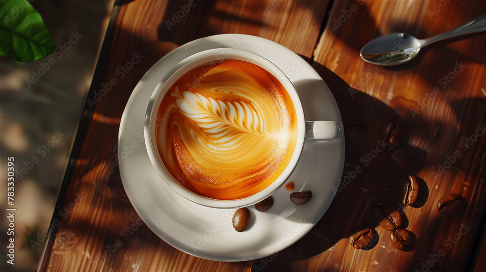 Art coffee in cup of latte coffee on wooden table.