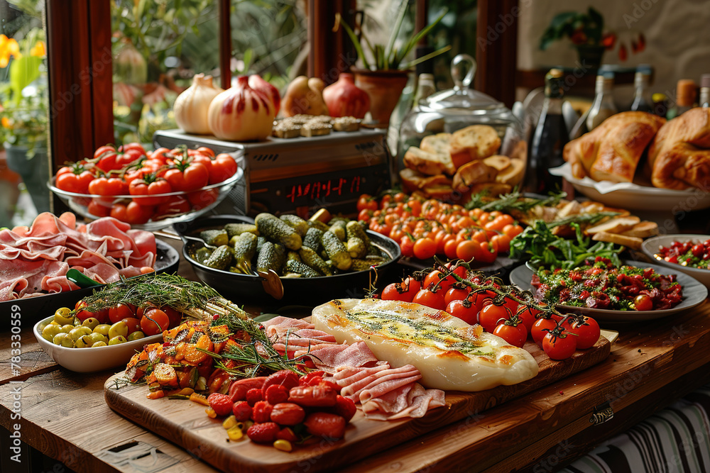 A lavish spread of fine cheeses, cured meats, and fresh tomatoes, elegantly presented for a gourmet experience.