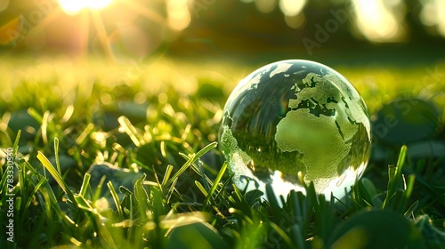 Glass globe in grass on a sunny day, symbolizing environmental care and sustainability. Eco-friendly concept. Stock photo. AI photo