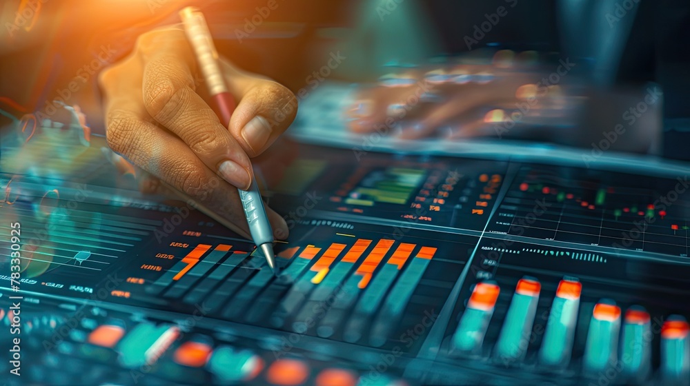 Hand with a pen in the analysis business accounting on info sheets. Hand with a pen in the analysis business accounting on info sheets.