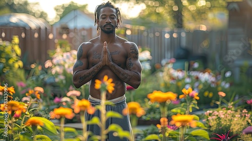 African american male doing yoga in his backyard.