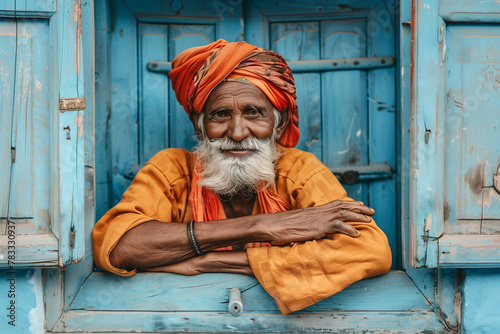 Indian old man with a long beard front of blue door