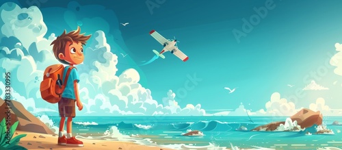 Young cartoon male stands on sandy beach, eying aircraft flying above vast sea