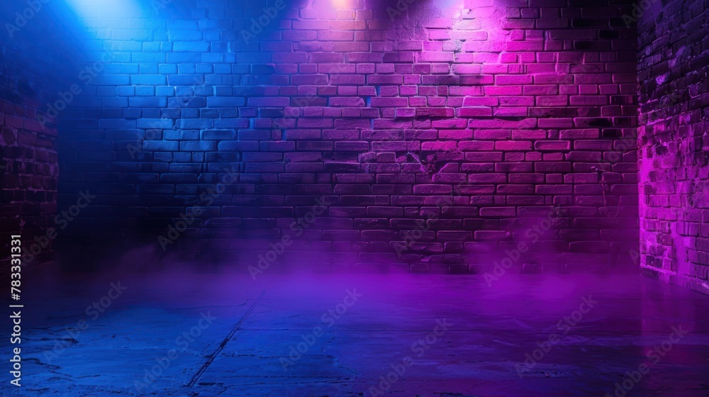 Fototapeta premium Brick wall, neon light effect and smoke.