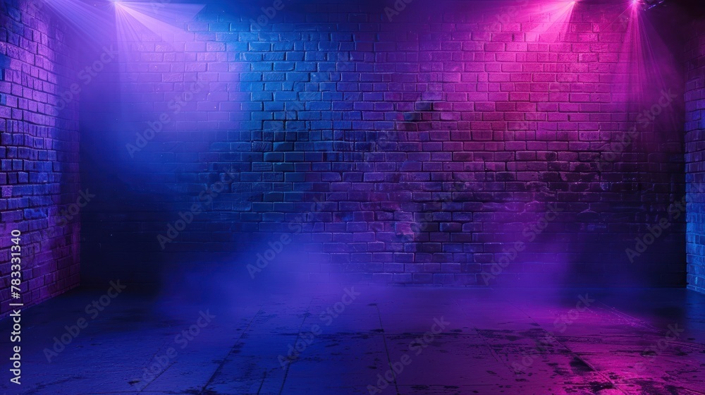 Obraz premium Brick wall, neon light effect and smoke.