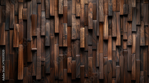3D wooden wall cladding in staggered design. Close-up photography for interior design and architectural texture print. Modern woodwork and paneling concept. photo