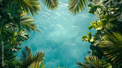 Aerial view of dense tropical foliage framing a tranquil  clear blue pool. Perfect for enhancing themes of travel  nature  and relaxation.