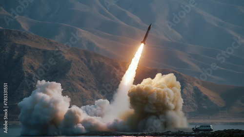 A rocket is ascending through the cloudy sky, leaving an amber afterglow as it pierces through the cumulus clouds towards the horizon over the ocean, emitting gas and fire
