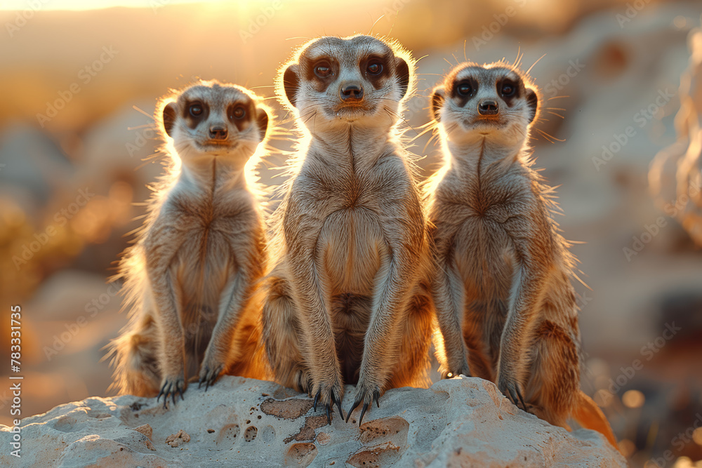 A vigilant meerkat standing guard atop a rocky outcrop, scanning the horizon with watchful eyes to protect its family from potential threats lurking in the wilderness. Generative Ai. A vigilant meerkat standing guard atop a rocky outcrop, scanning the horizon with watchful eyes to protect its family from potential threats lurking in the wilderness. Generative Ai.