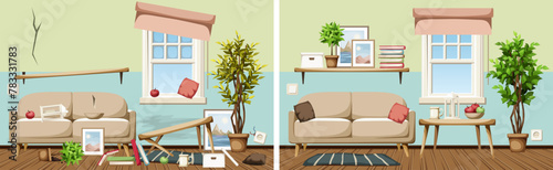 Messy and clean living room before and after cleaning. Living room interior with a sofa, a bookshelf, a window, and a big ficus tree. Cartoon vector illustration