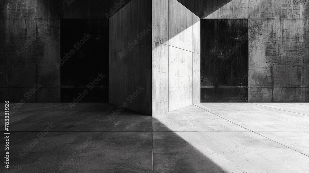 A black and white photo of a concrete wall with an open door, AI A black and white photo of a concrete wall with an open door, AI
