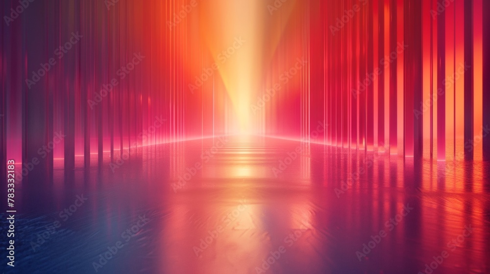 A long hallway with bright lights and colorful stripes, AI