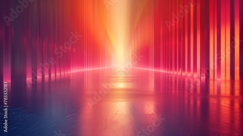 A long hallway with bright lights and colorful stripes, AI