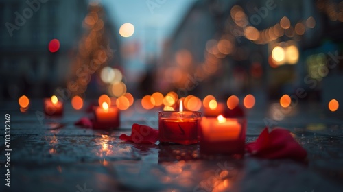 Roses and candles on wet street. Method of honoring the memory of victims of mass disasters photo