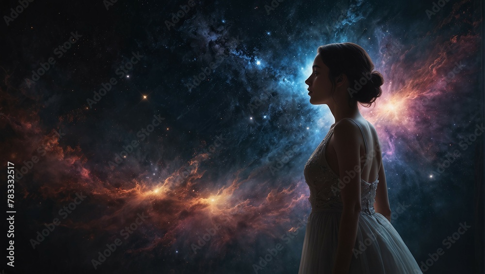 a young beautiful woman in a white dress stands on the background of a cosmic nebula