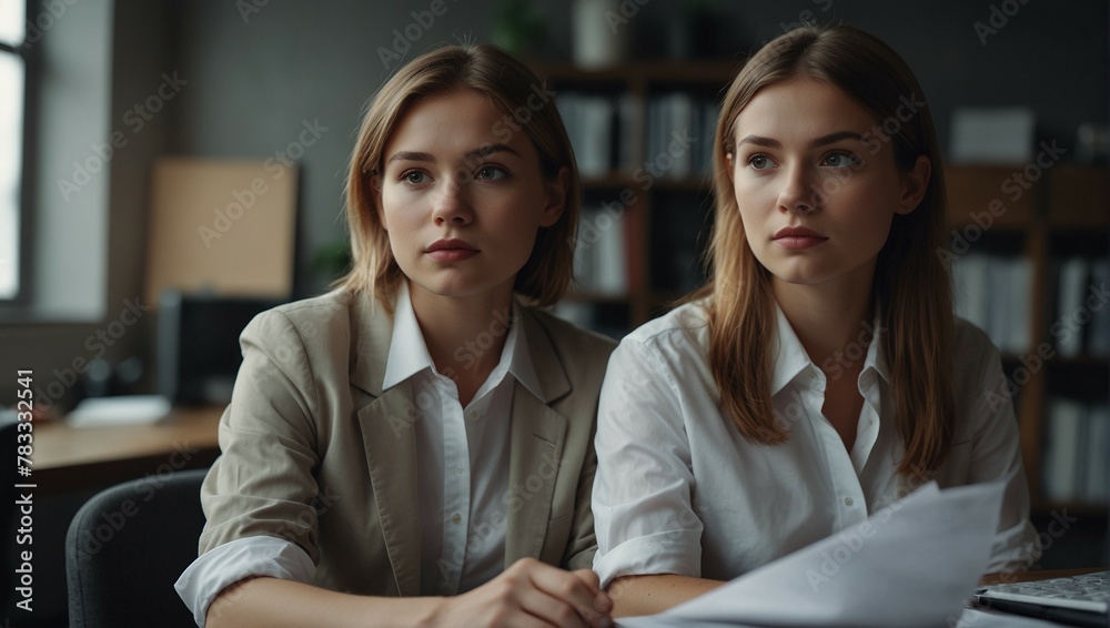 two young blondes are sitting next to each other at the desk helping with work two young blondes are sitting next to each other at the desk helping with work