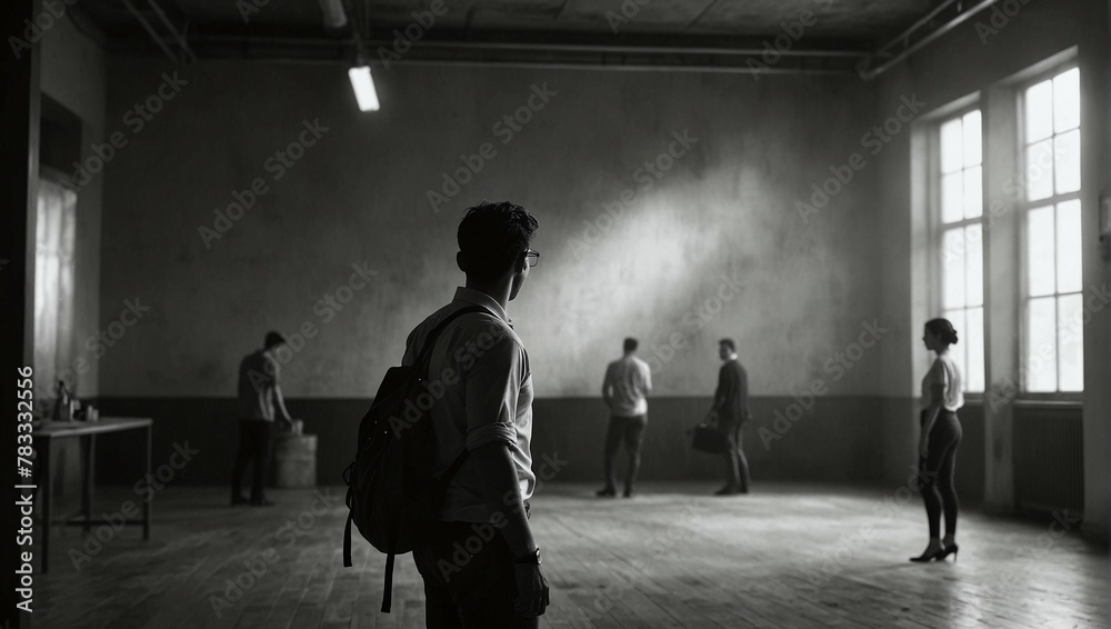 in the black and white photo, a man with a backpack entered an empty hall and looks at other people