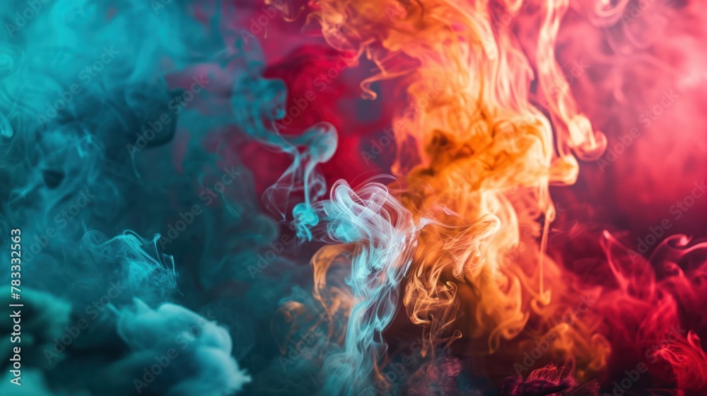 A colorful abstract composition of billowing smoke in red, blue and orange. The colors blend together to create a stunning visual effect.