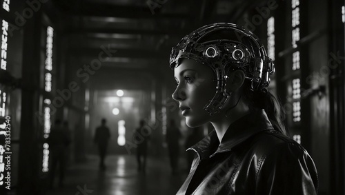 black and white image of a woman in a leather jacket and cyberpunk helmet in an underground tunnel