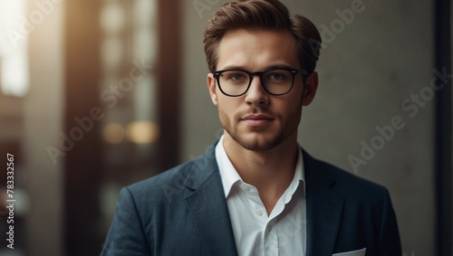 a handsome young man in glasses and a stylish suit on the background of an office building