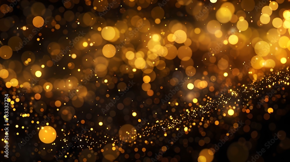Golden bokeh lights shimmering on black background. Ideal for festive and holiday designs. Abstract, elegant backdrop for luxury events. AI