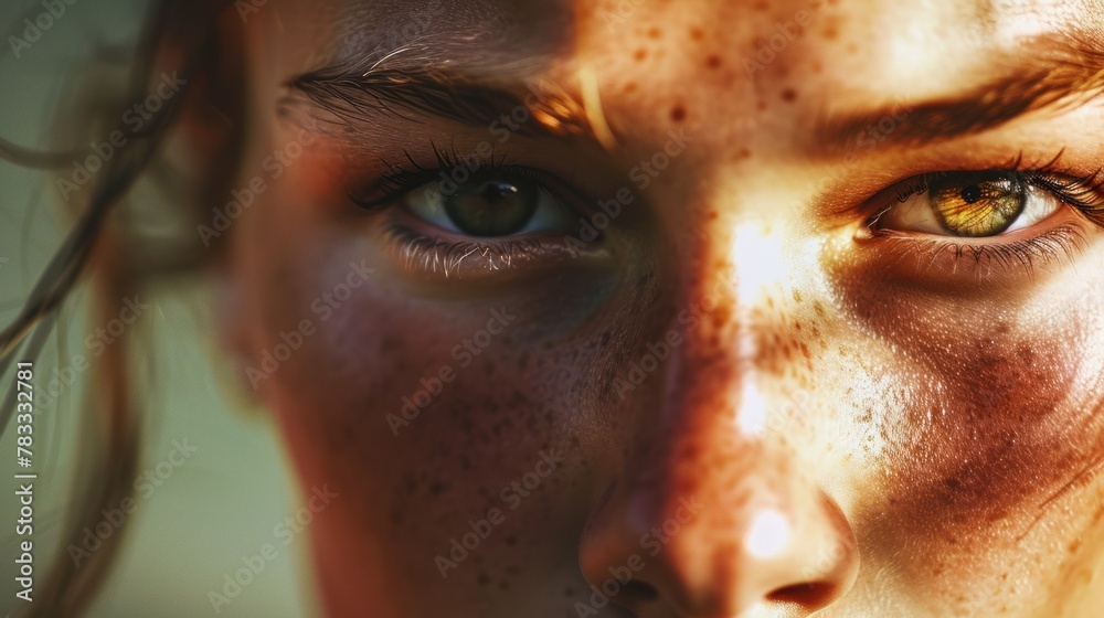 A close-up of a woman's face with pronounced brown eyes and freckles. The light falls on her right eye, creating a striking contrast with her left eye. A close-up of a woman's face with pronounced brown eyes and freckles. The light falls on her right eye, creating a striking contrast with her left eye.