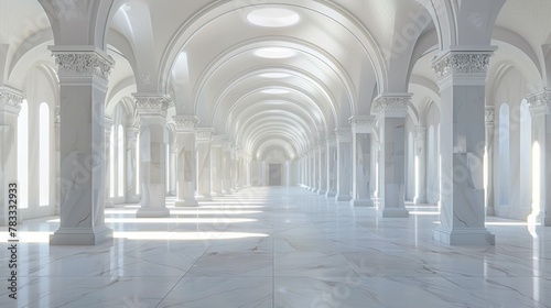 A long hallway with arched ceilings and white columns, AI