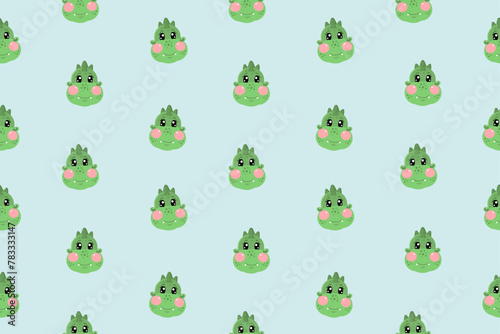 Seamless pattern with flat kawaii cute dinosaur face for nursery, print or textile for kids on light blue background