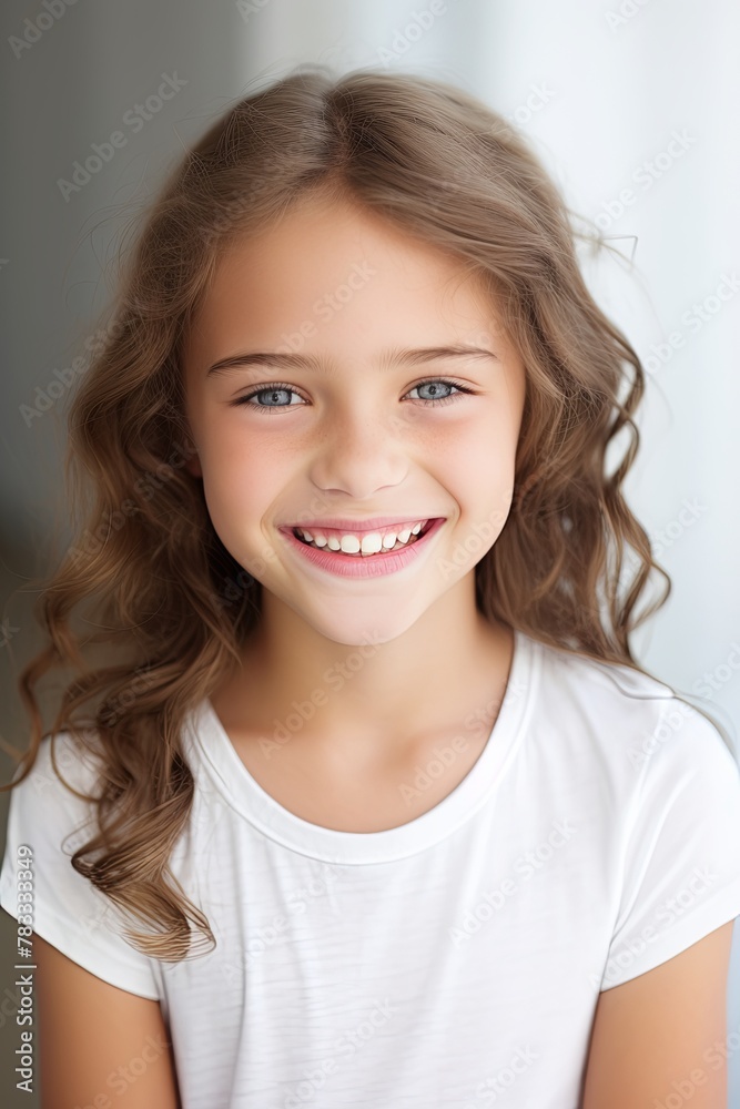 Pretty Young Girl Smiling to Camera Showing White Teeth Close-up Portrait on a Plane Background Pretty Young Girl Smiling to Camera Showing White Teeth Close-up Portrait on a Plane Background