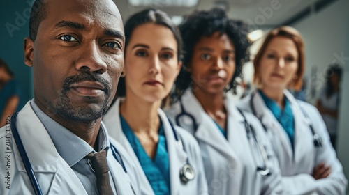 A group of four doctors, three women and one man, stand with their arms crossed and serious expressions on their faces. They are all wearing lab coats and carrying stethoscopes. © ProPhotos