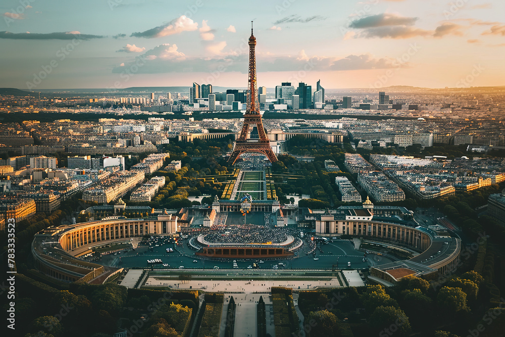 Majestic Eiffel Tower standing tall over Paris with panoramic city views in the golden hour light - obrazy, fototapety, plakaty 