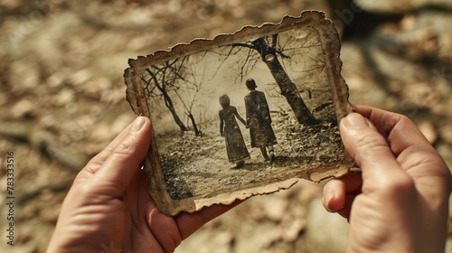 A person is holding an old photograph of two children holding hands. The photo is printed on a piece of paper that is slightly damaged, with a texture visible on the surface. photo