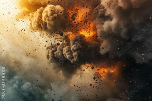 A massive explosion releases billows of smoke and dirt into the air, creating a scene of chaos and destruction. photo