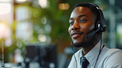 A male call center operator in a tie and headset smiles while sitting in front of a computer.