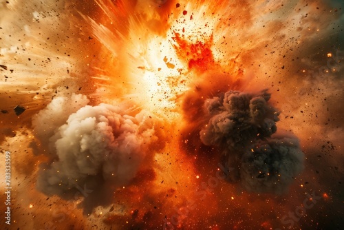 A large explosion with billows of smoke engulfing the surroundings, causing destruction and chaos.