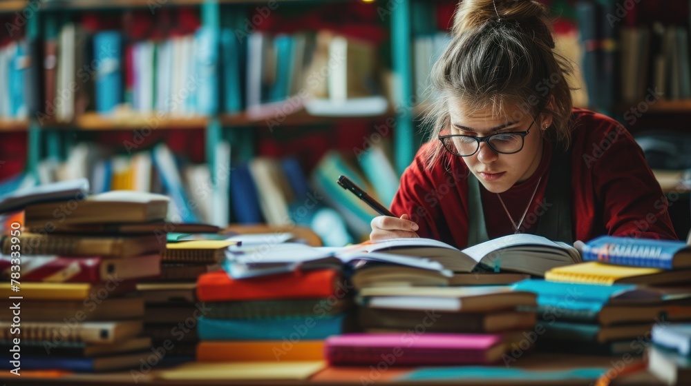 A young woman wearing glasses is sitting at a table in a library, writing in a book with a pen. She is surrounded by many books and a bookshelf is in the background. A young woman wearing glasses is sitting at a table in a library, writing in a book with a pen. She is surrounded by many books and a bookshelf is in the background.