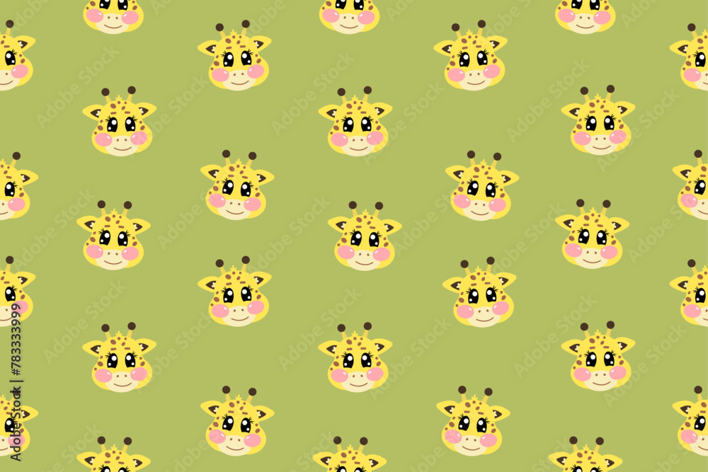 Seamless pattern with flat vector kawaii little cute yellow giraffe face or head for kids, baby, children nursery, fabrics on green background Seamless pattern with flat vector kawaii little cute yellow giraffe face or head for kids, baby, children nursery, fabrics on green background