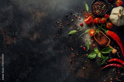 Spices  herbs  and tomatoes artfully sprinkled on a dark background  hinting at a flavorful feast.