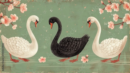 Illustration of black and white swans among flowers in retro style