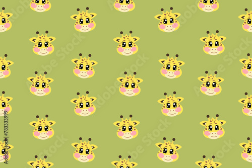 Seamless pattern with flat vector kawaii little cute yellow giraffe face or head for kids, baby, children nursery, fabrics on green background