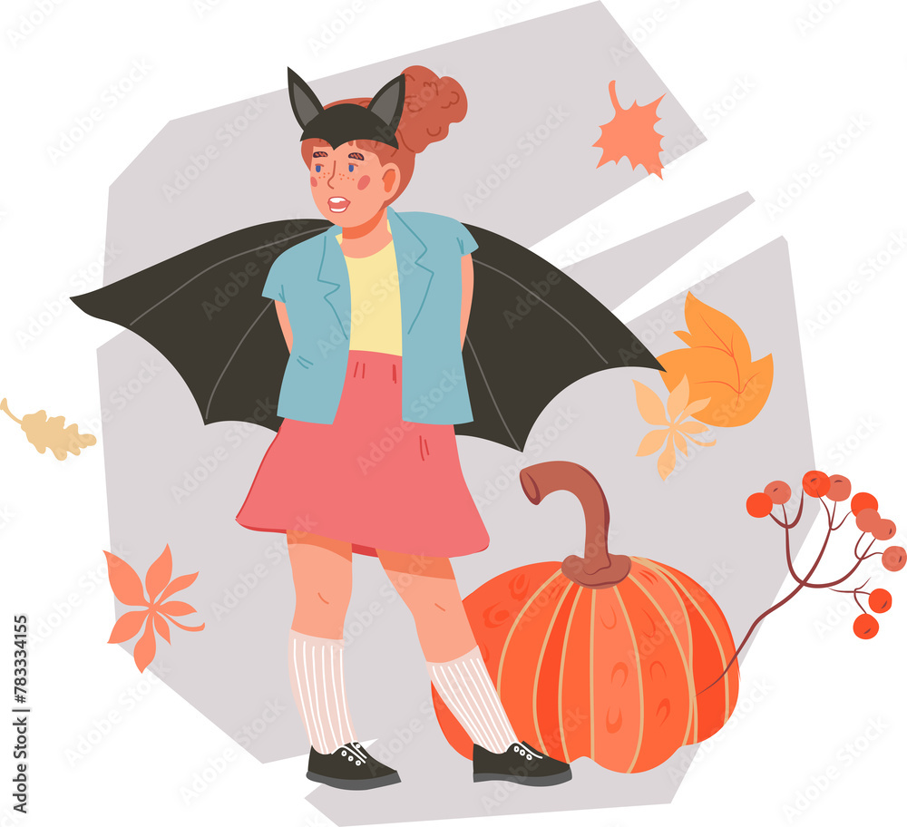 Child girl of preschool age in Halloween costume of bat. Child ready for Halloween party.