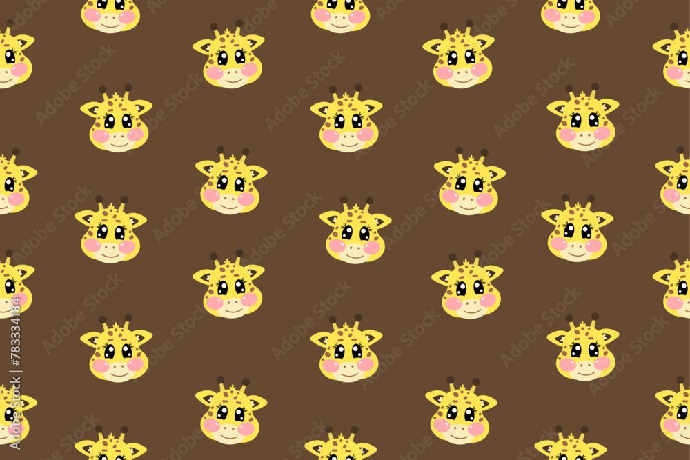 Seamless pattern with flat vector kawaii little cute yellow giraffe face or head for kids, baby, children nursery, fabrics on brown background	