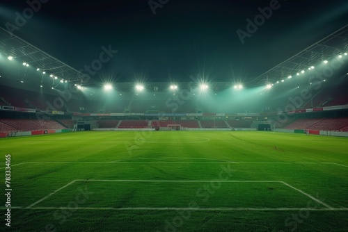 A soccer stadium illuminated by bright lights, showcasing a lush green field under a starry night sky. © AiHRG Design