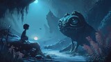 A boy sits on a stone under the entrance to a cave and looks at a large amphibian creature with glowing eyes. The sky is blue and the sun is setting, bathing the scene in a warm light.