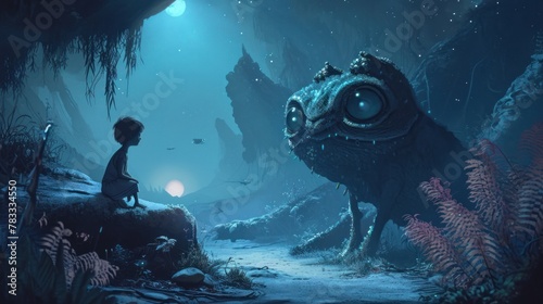 A boy sits on a stone under the entrance to a cave and looks at a large amphibian creature with glowing eyes. The sky is blue and the sun is setting, bathing the scene in a warm light. photo