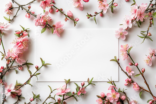 Blank white card mockup surrounded by tree branches with pink flowers on a light background. Copy space for text.